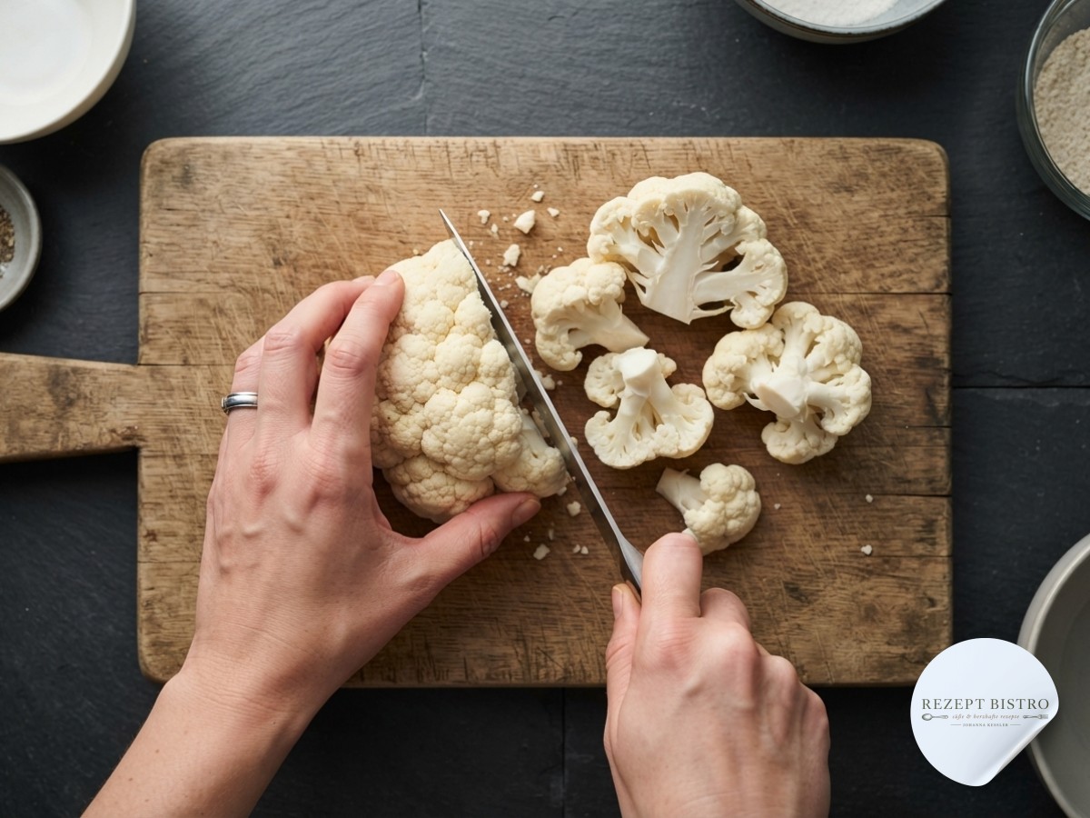 Frischer Blumenkohl wird für Air Fryer Sesame Cauliflower Wings in gleichmäßige Röschen geschnitten