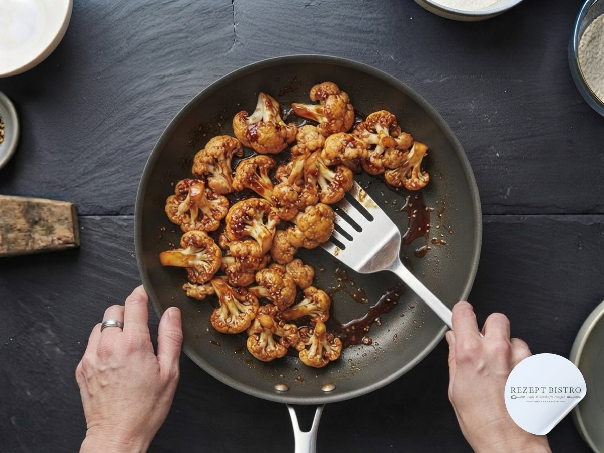 Knusprige Wings werden in dunkler Sesam-Soja-Sauce in der Pfanne glasiert geschwenkt