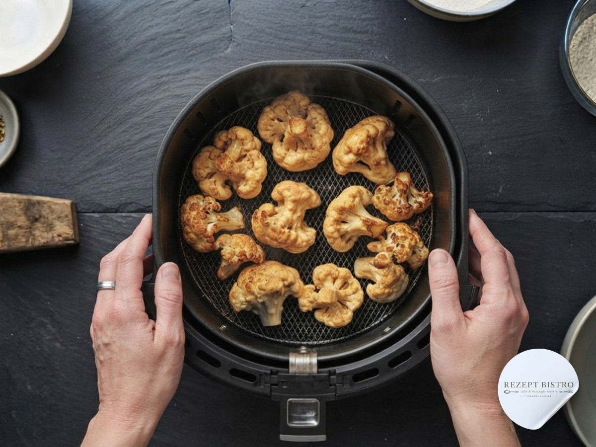 Goldbraune, knusprige Blumenkohlröschen kommen dampfend aus dem Air-Fryer-Korb