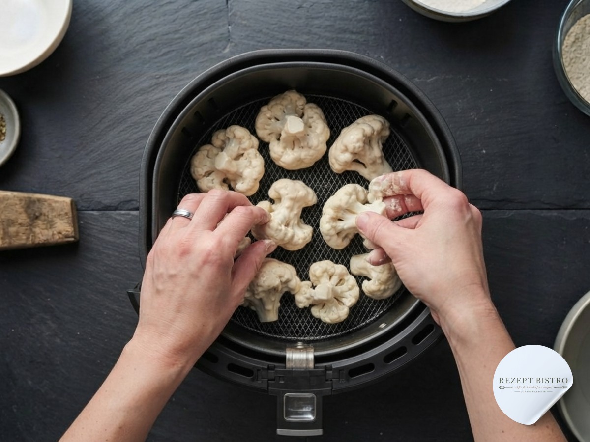 Panierte Röschen liegen einzeln im Air-Fryer-Korb bereit für knusprige Sesam-Blumenkohl-Wings