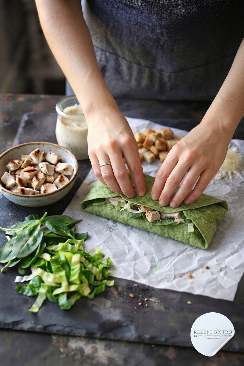 Der gefüllte Chicken Caesar Wrap wird fest zu einer stabilen Rolle zusammengedreht