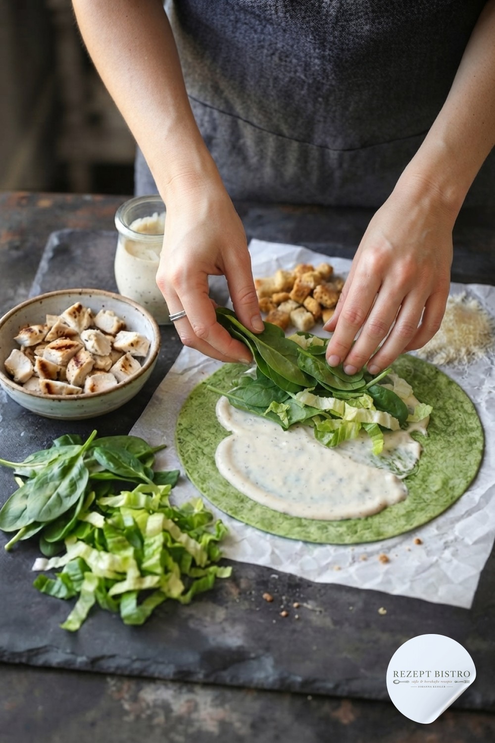 Frischer Romana-Salat und Baby-Spinat werden auf das Dressing für den Chicken Caesar Wrap gelegt