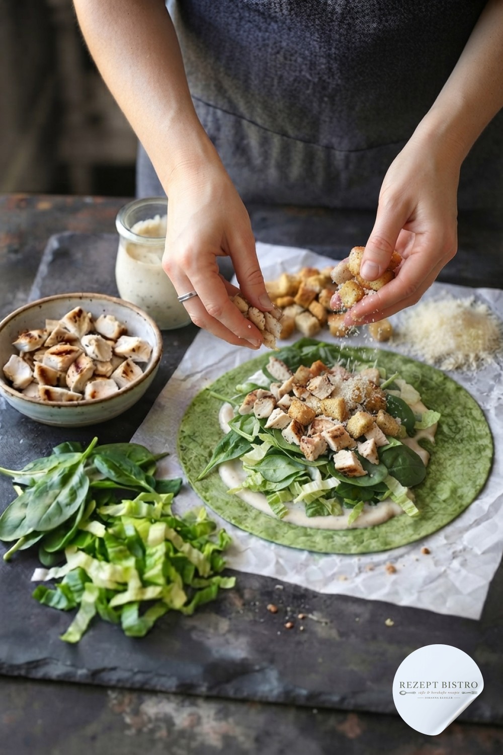 Gegrilltes Hähnchen, Croutons und Parmesan werden auf den offenen Chicken Caesar Wrap gestreut