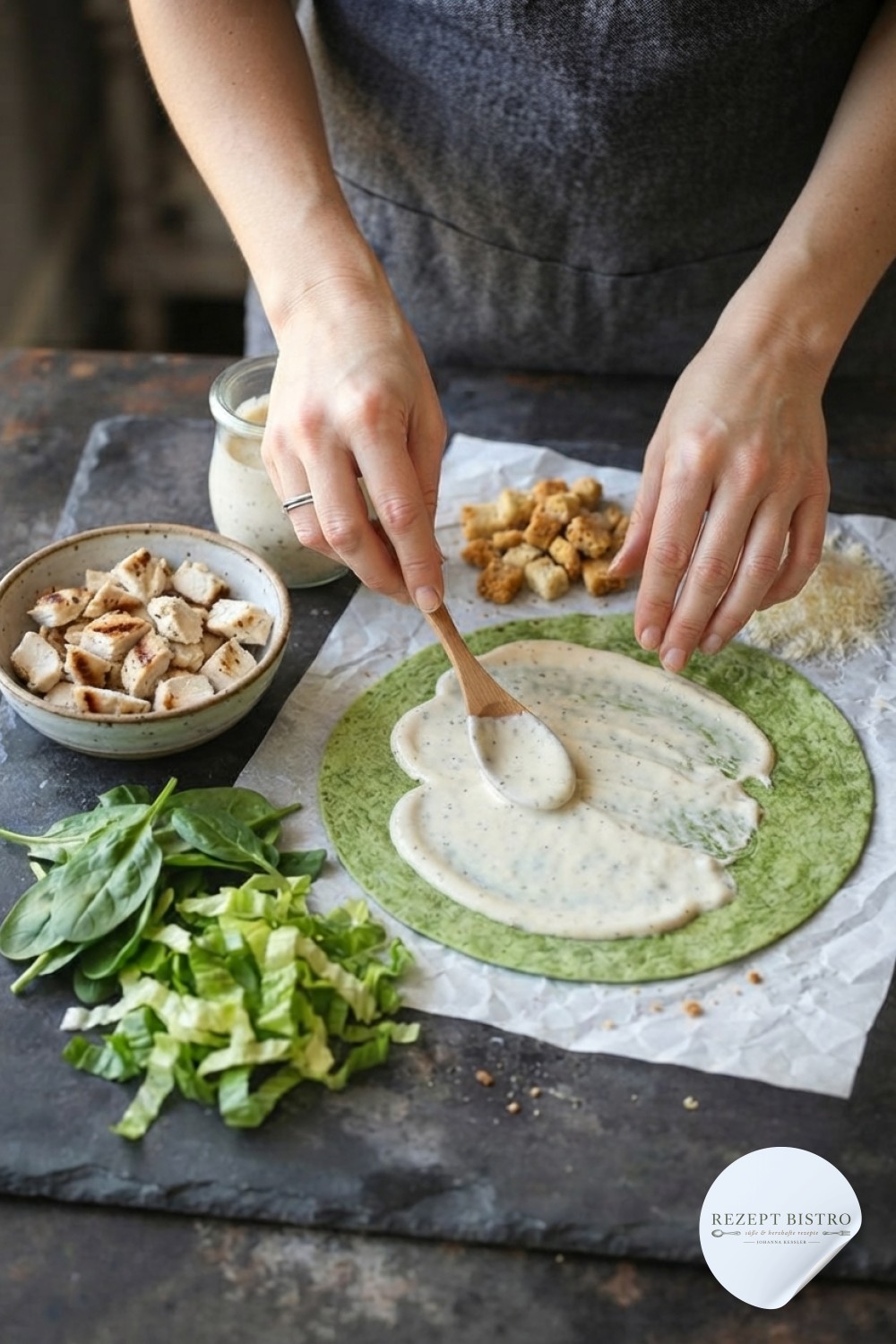 Cremiges Caesar-Dressing wird großzügig auf der Spinat-Tortilla für den Chicken Caesar Wrap verteilt
