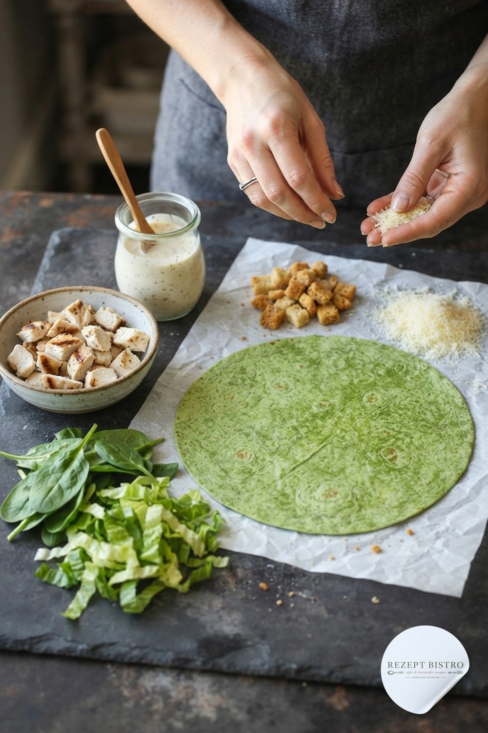 Zutaten für Chicken Caesar Wrap liegen bereit: Spinat-Tortilla, Hähnchen, Salat, Dressing und Parmesan