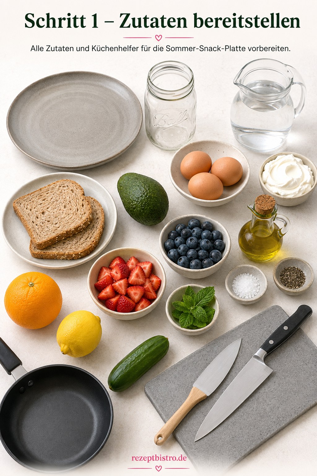 Zutaten für gesunde Snacks für zwischendurch wie Eier, Avocado und Beeren übersichtlich bereitgestellt