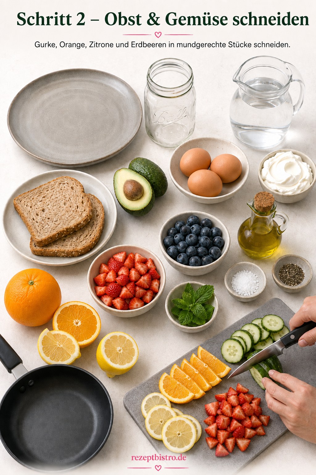 Gurke, Orange, Zitrone und Erdbeeren werden für die Snack-Platte in Stücke geschnitten