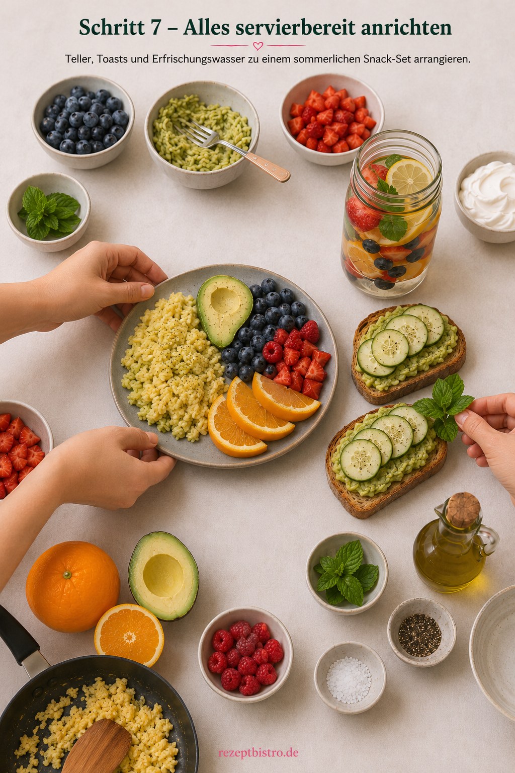 Teller, Avocado-Toasts und Erfrischungswasser werden zu einem sommerlichen Snack-Set arrangiert
