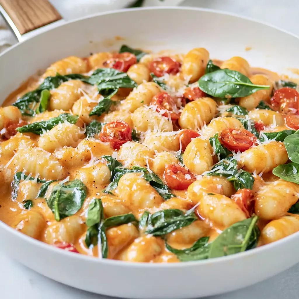 Gnocchi mit Sauce in großer Pfanne