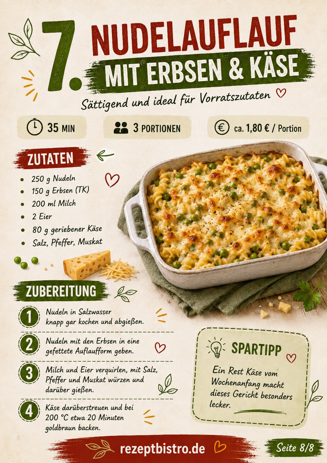 Goldbraun gebackener Nudelauflauf mit Erbsen und Käse als Vorratsrezept zum Monatsende