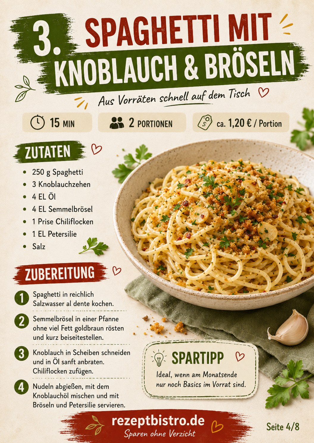 Spaghetti mit Knoblauch und gerösteten Bröseln als schnelles günstiges Rezept am Ende des Monats