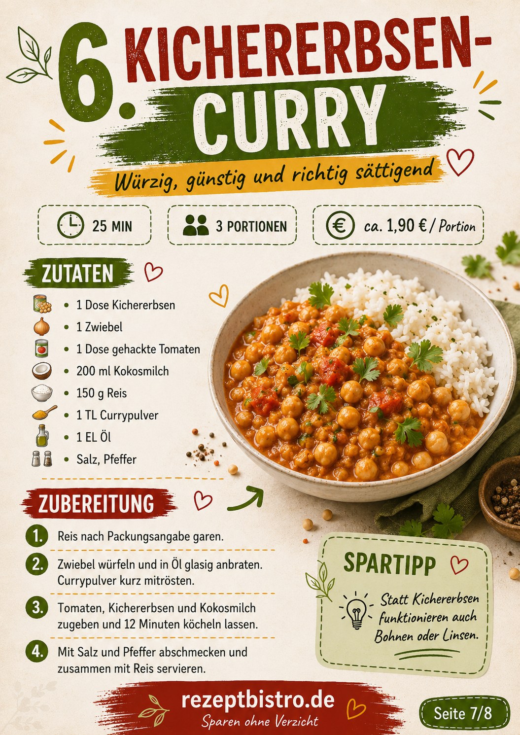 Würziges Kichererbsen-Curry mit Reis, günstig und sättigend für das Ende des Monats