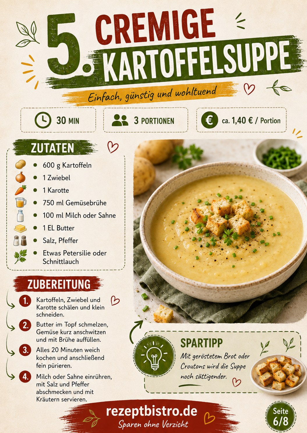 Cremige Kartoffelsuppe mit Croutons als einfaches günstiges Rezept für das Ende des Monats