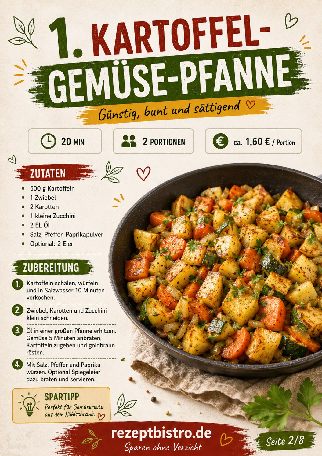 Bunte Kartoffel-Gemüse-Pfanne mit Spiegelei als günstiges Rezept für das Ende des Monats