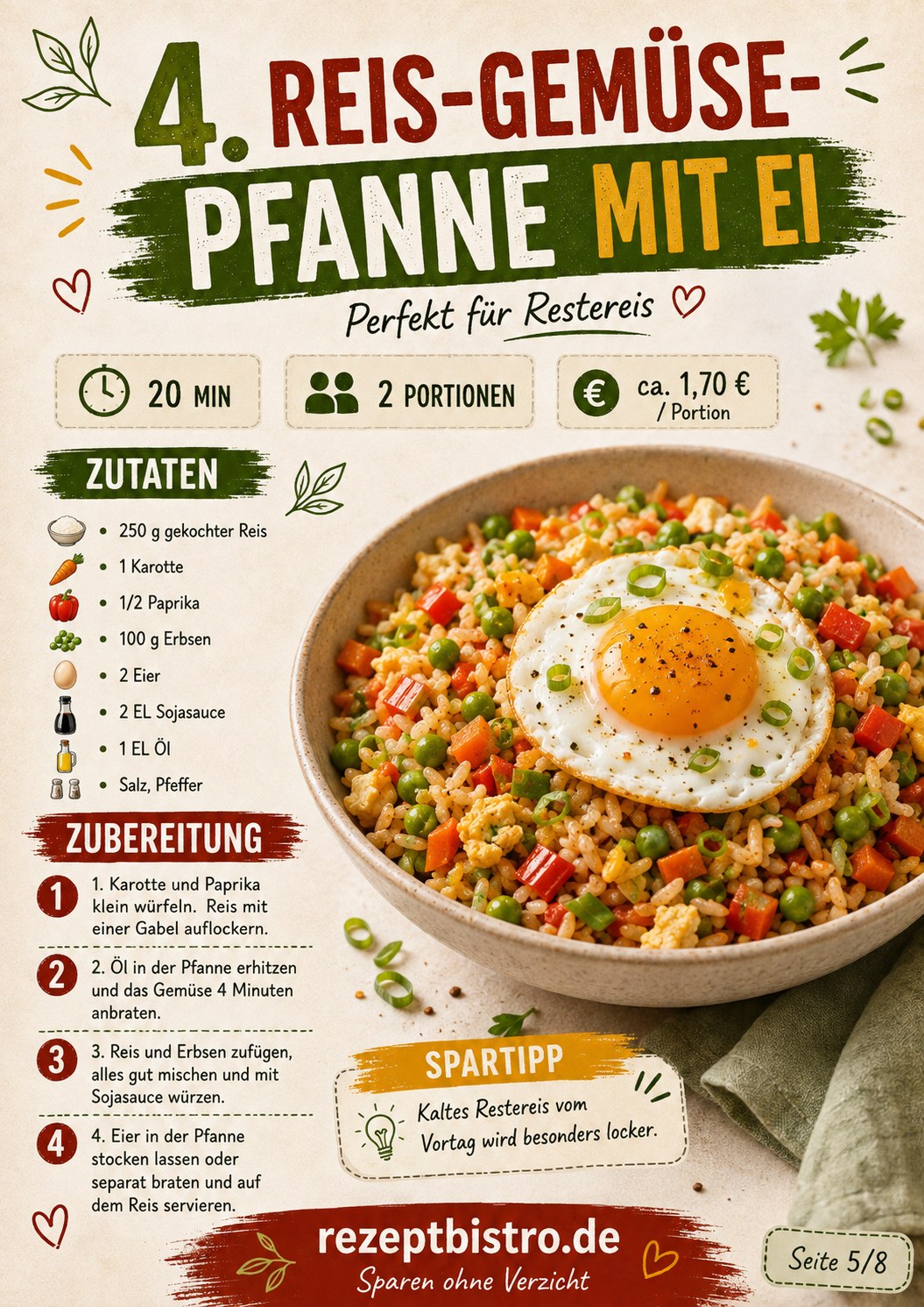 Reis-Gemüse-Pfanne mit Spiegelei, perfekt zum Verwerten von Resten am Monatsende