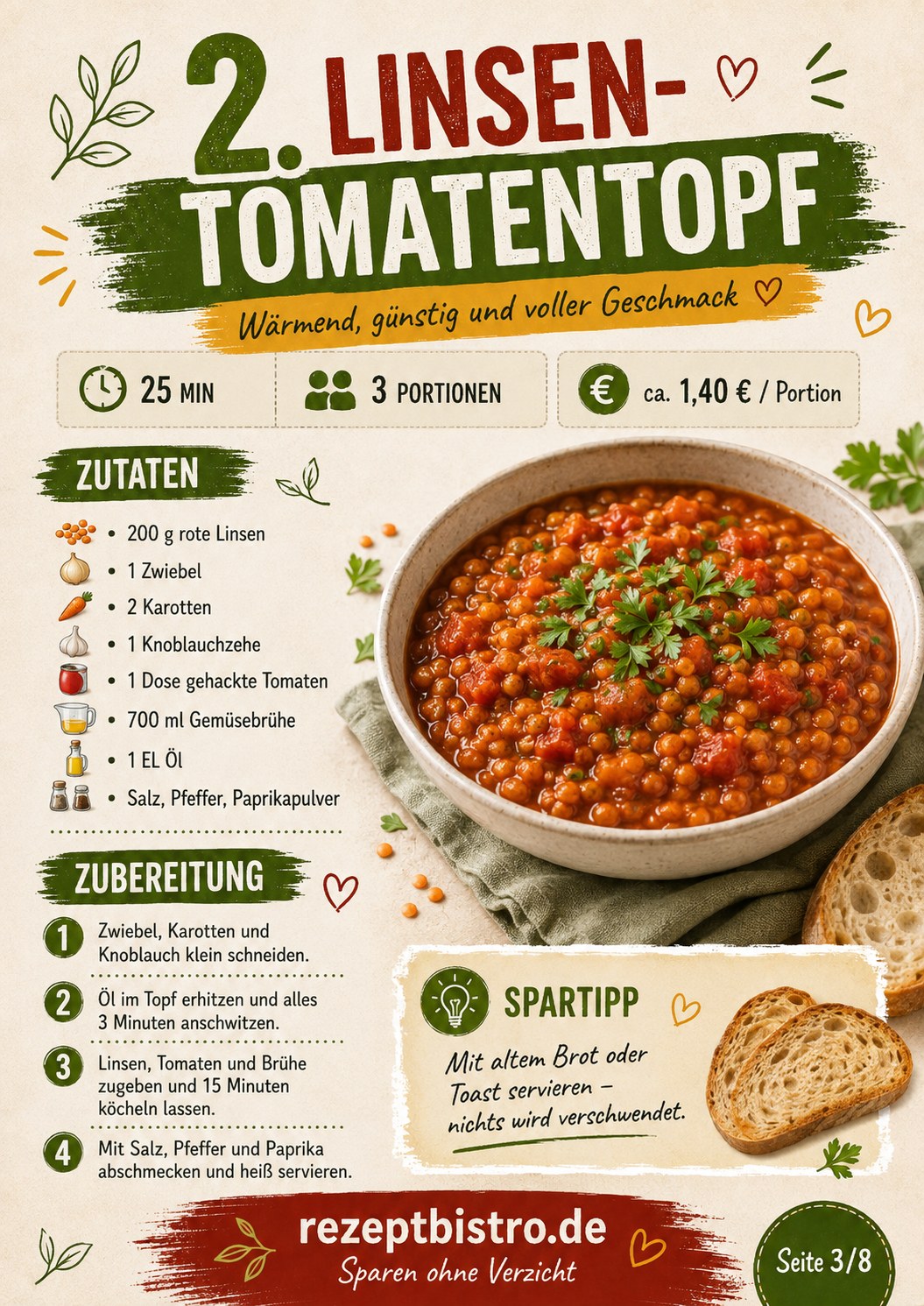 Wärmender Linsen-Tomatentopf in der Schüssel, ein sättigendes günstiges Rezept fürs Monatsende