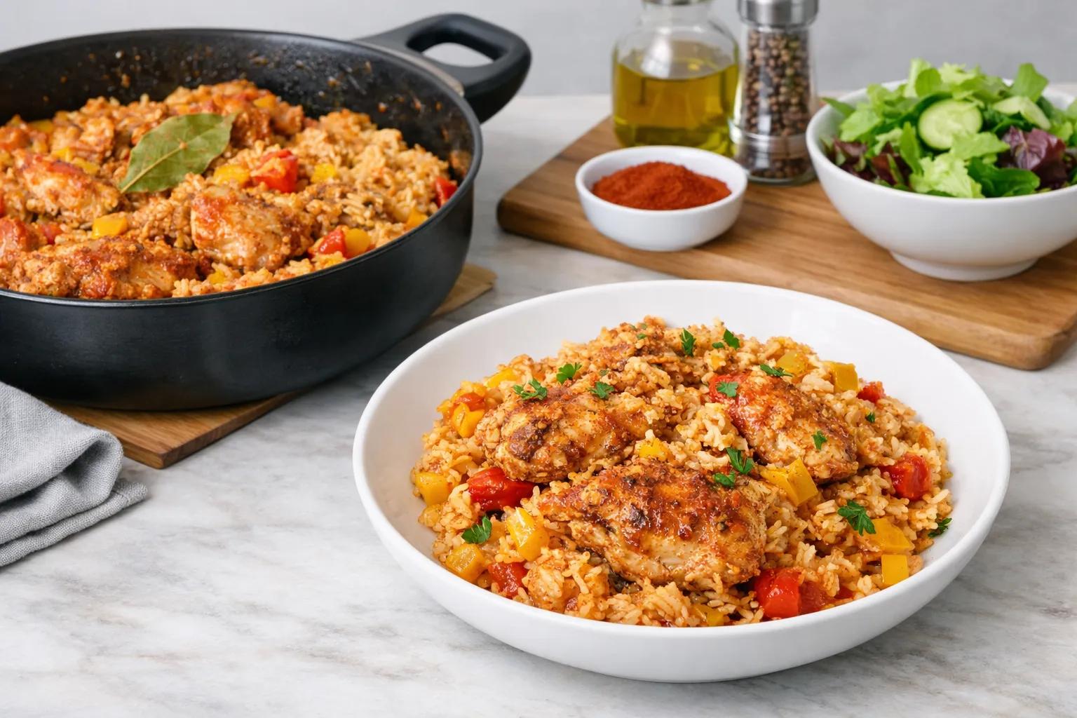 Angerichtete Hähnchen Reis Pfanne