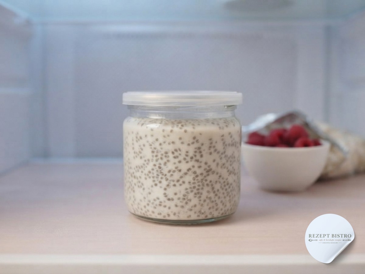 Fertig gequollener Himbeer Chia Pudding mit Kokosflocken steht cremeweiß im Kühlschrank
