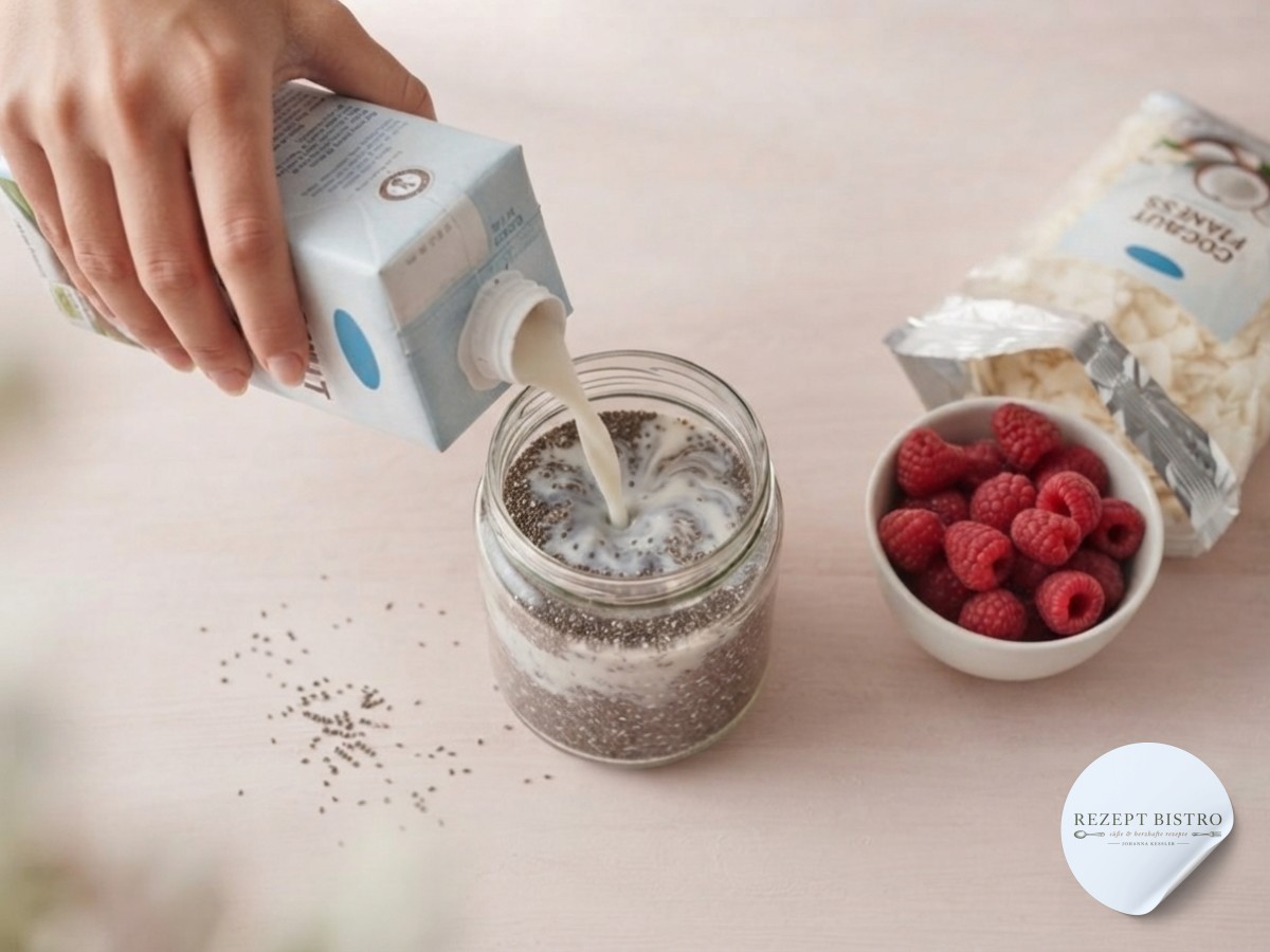 Kokosmilch wird über Chiasamen im Glas gegossen für Himbeer Chia Pudding mit Kokosflocken