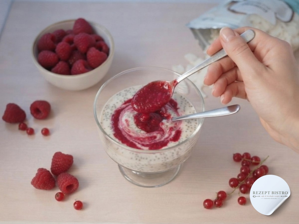 Pürierte Himbeersauce wird auf cremigen Chia Pudding mit Kokosflocken gelöffelt und verschwirlt
