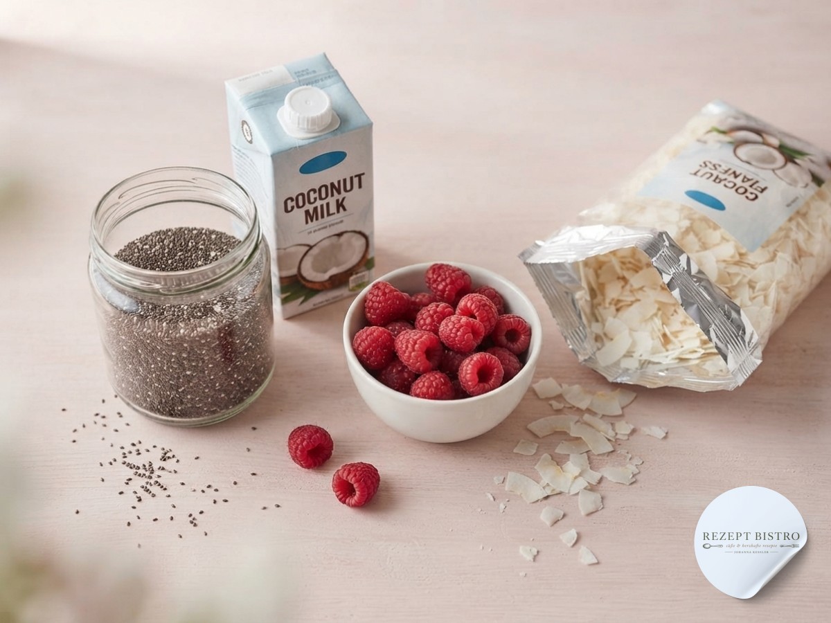 Zutaten für Himbeer Chia Pudding mit Kokosflocken ordentlich aufgereiht auf hellem Holzuntergrund