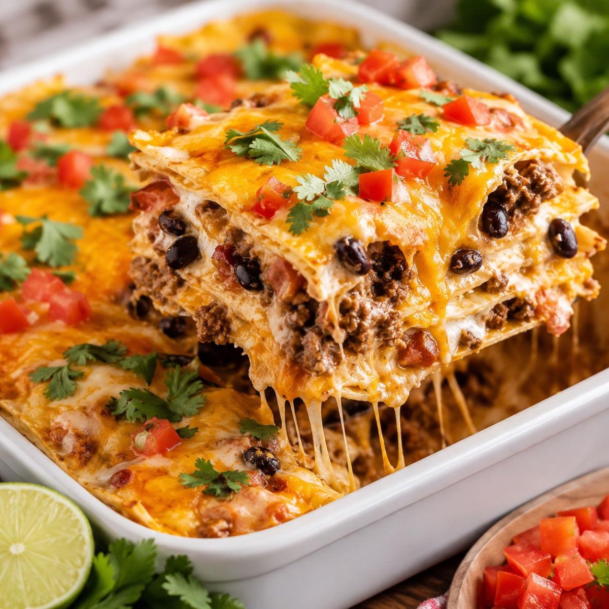 Goldbraun überbackener Burrito Bake mit Käse