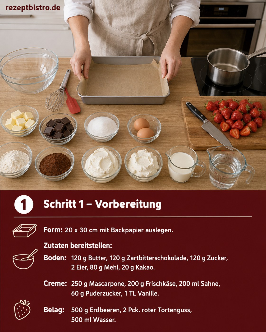 Zutaten für einfachen Erdbeer-Kuchen ohne Backen übersichtlich in Schälchen bereitgestellt