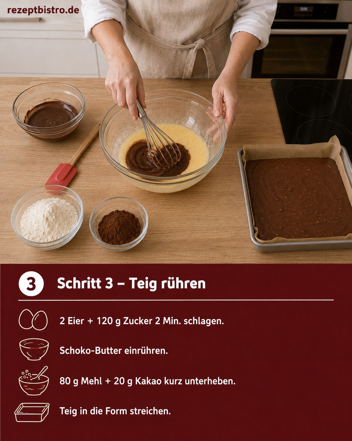 Schokoladiger Rührteig wird für den kurzen Boden des einfachen Kuchens ohne Backen verstrichen