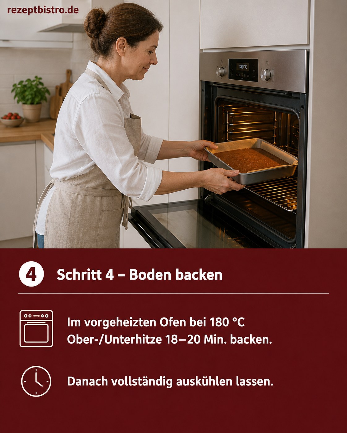 Schoko-Boden backt bei 180 Grad Ober- und Unterhitze im vorgeheizten Backofen auf dem Blech