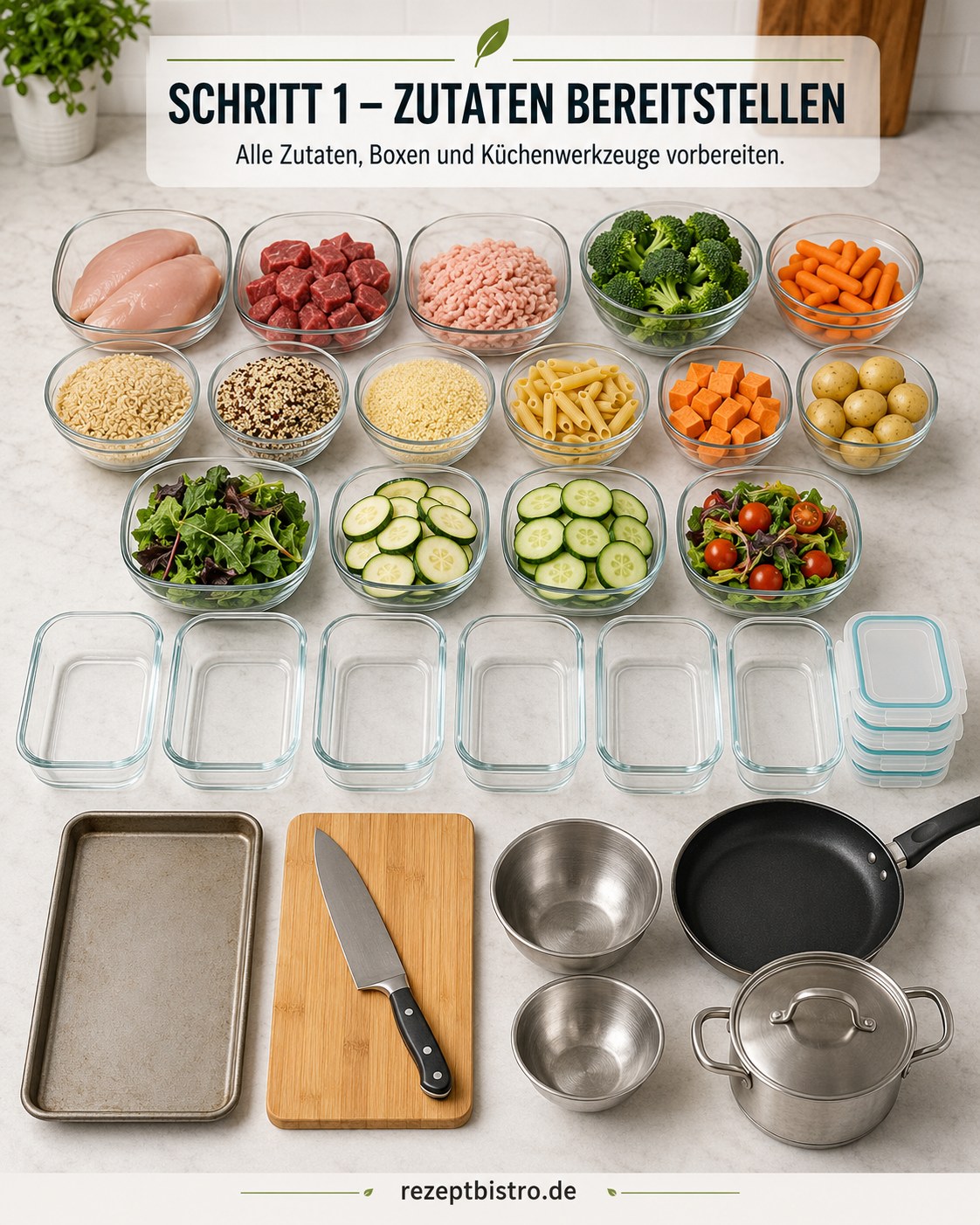 Übersichtlich sortierte Zutaten und Glasboxen für meal prep ideen für die Woche auf einer hellen Arbeitsfläche