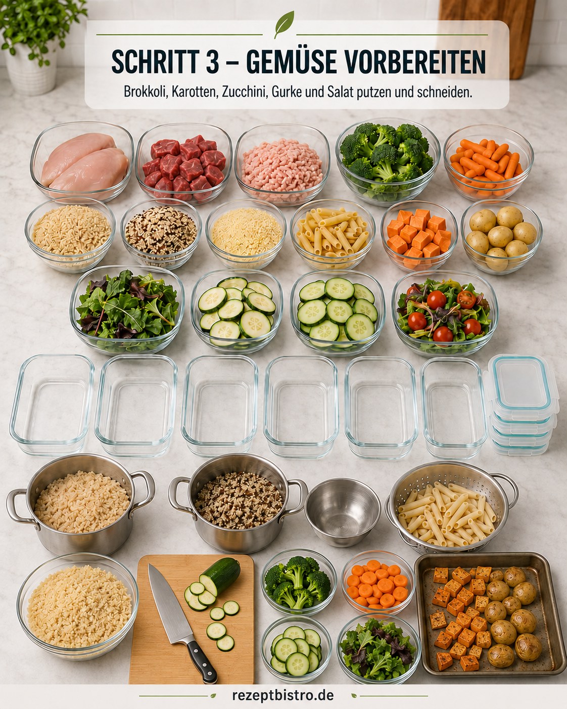Frisch geschnittener Brokkoli, Karotten, Zucchini und Gurke liegen bereit für die Meal Prep Boxen