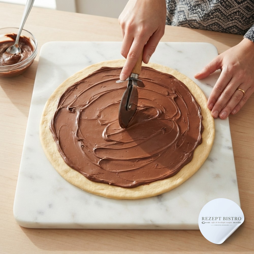 Nutella Cookie Kuchen mit Schokoladenkern: Blätterteigkreis großzügig mit Nutella bestrichen vor dem Schneiden