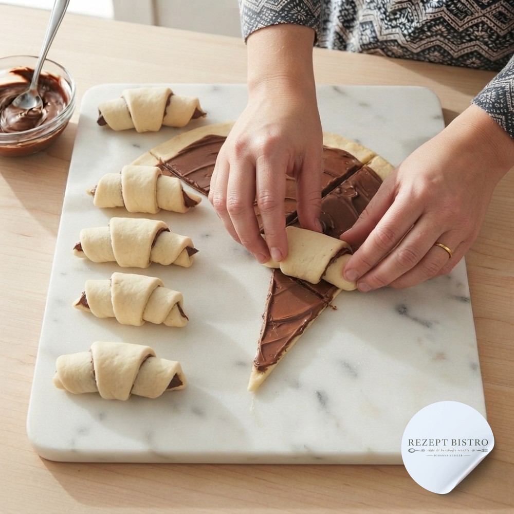 Ein Teigdreieck wird für den Nutella Cookie Kuchen mit Schokoladenkern zum kleinen Kipferl aufgerollt