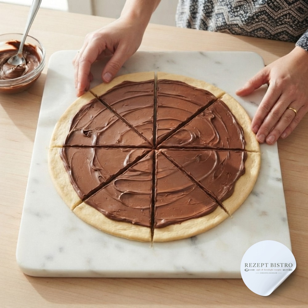 Der Teig für den Nutella Cookie Kuchen mit Schokoladenkern liegt in zwölf gleichmäßigen Dreiecken bereit