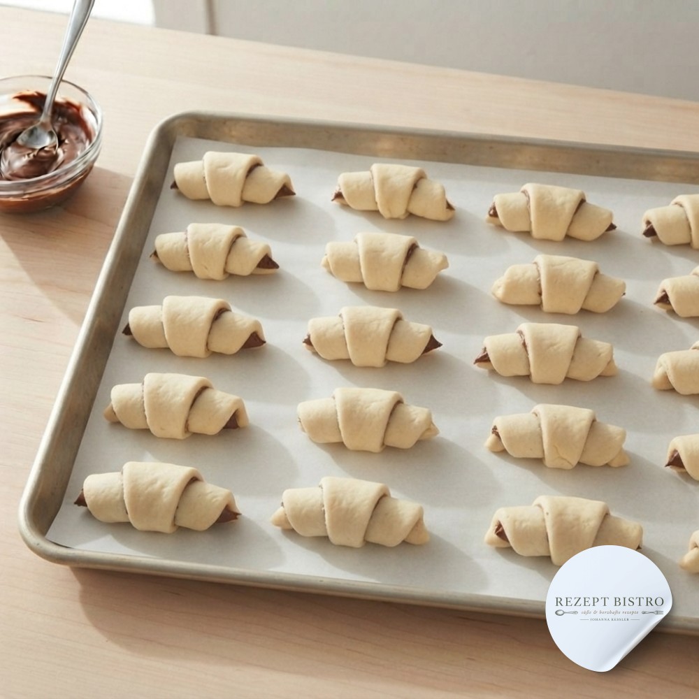 Rohe Kipferl für den Nutella Cookie Kuchen mit Schokoladenkern liegen bereit auf dem Backblech