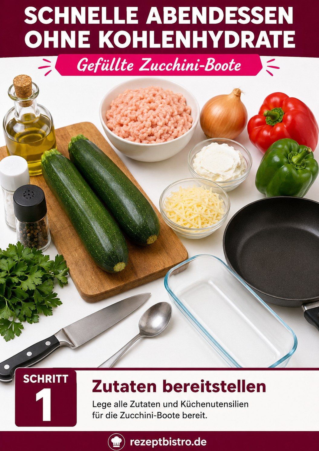 Zutaten für schnelle Abendessen ohne Kohlenhydrate mit Zucchini, Hackfleisch und Paprika bereitgestellt