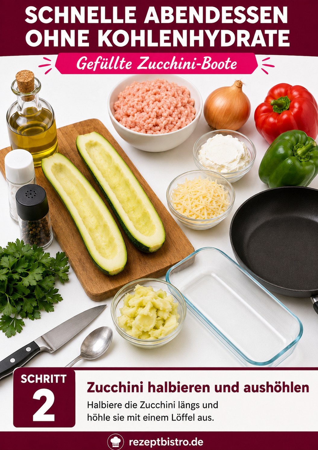 Halbierte und ausgehöhlte Zucchini als Basis für kohlenhydratarme gefüllte Zucchini-Boote
