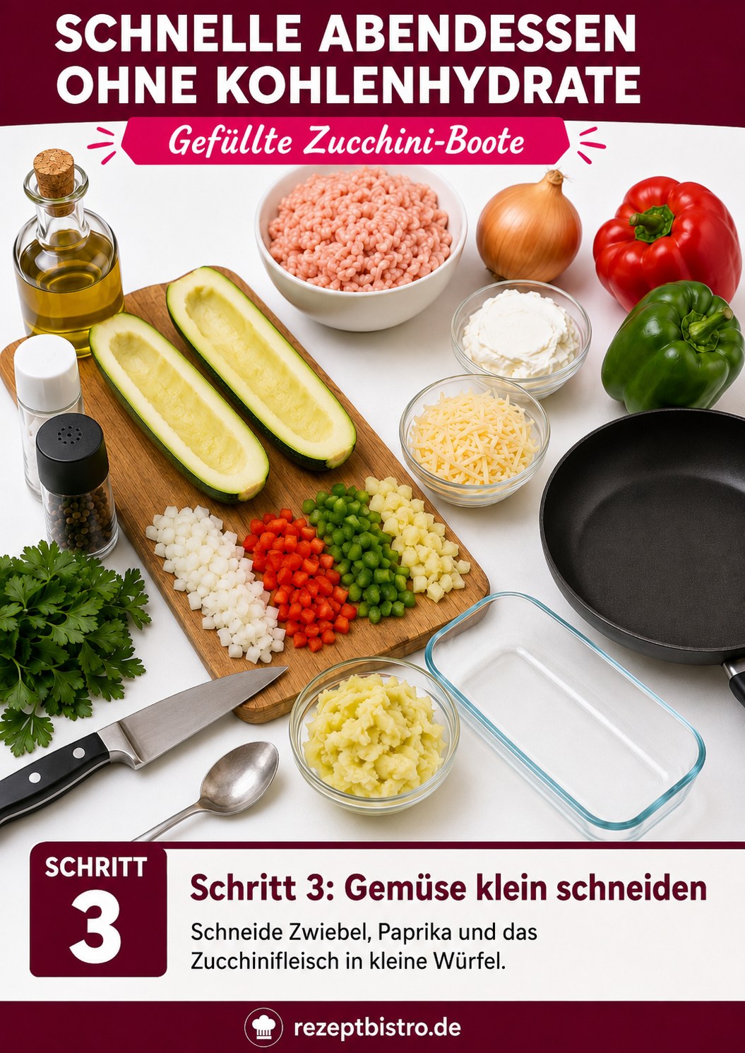 Klein gewürfeltes Gemüse und Zucchinifleisch für die Füllung des kohlenhydratfreien Abendessens