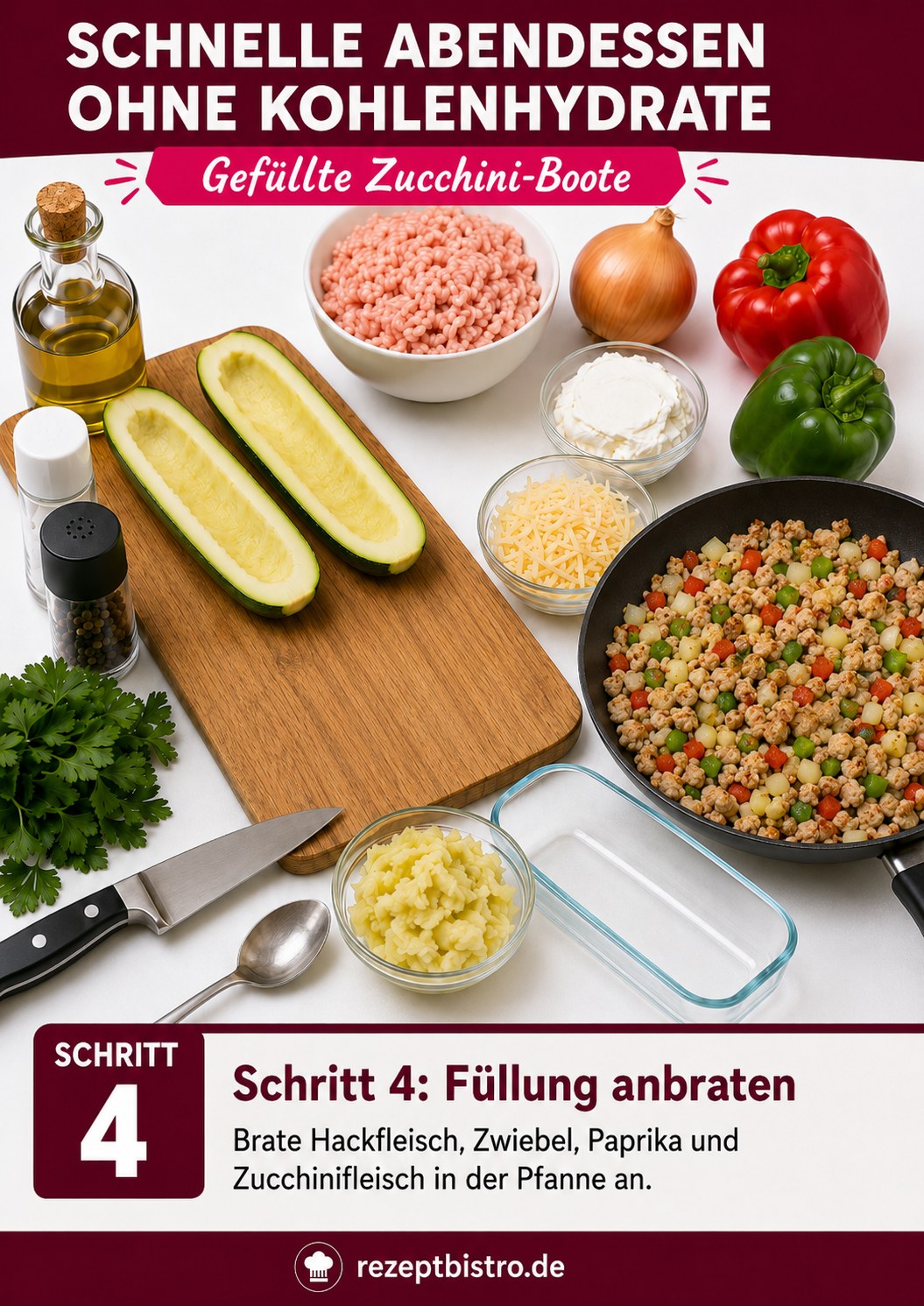 Angebratene Hackfleisch-Gemüse-Füllung in der Pfanne für schnelle Abendessen ohne Kohlenhydrate