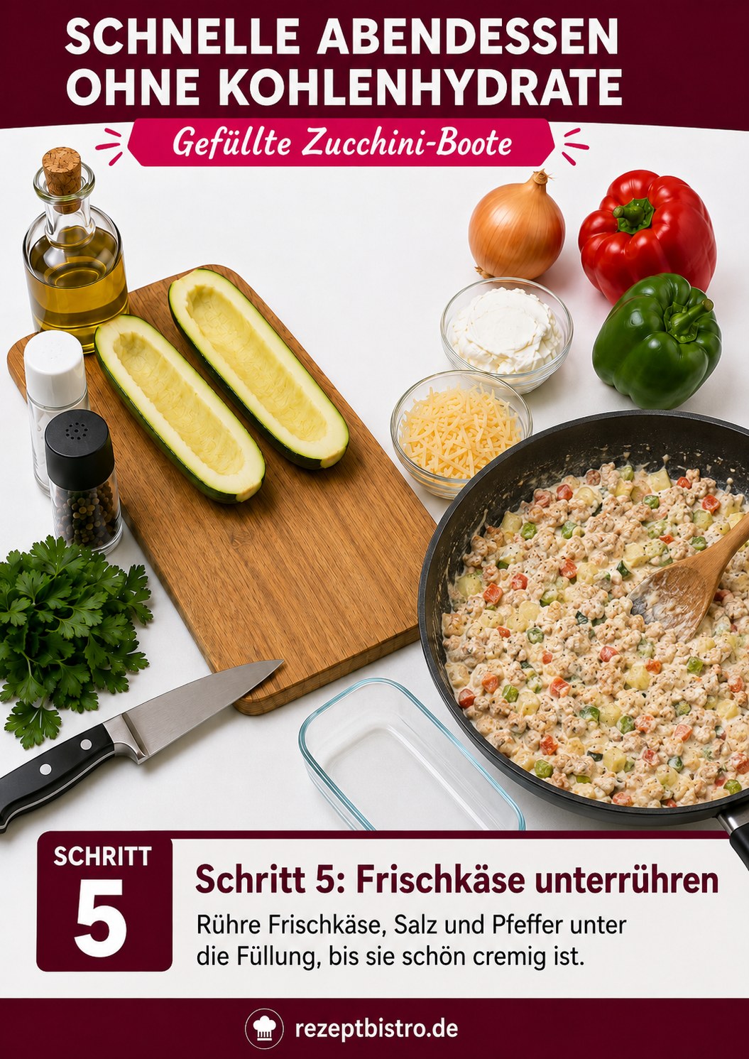 Cremige Füllung mit untergerührtem Frischkäse für die gefüllten Zucchini-Boote