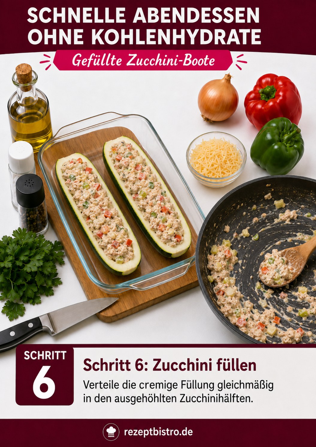 Ausgehöhlte Zucchinihälften gleichmäßig mit der Hackfleischfüllung befüllt vor dem Backen