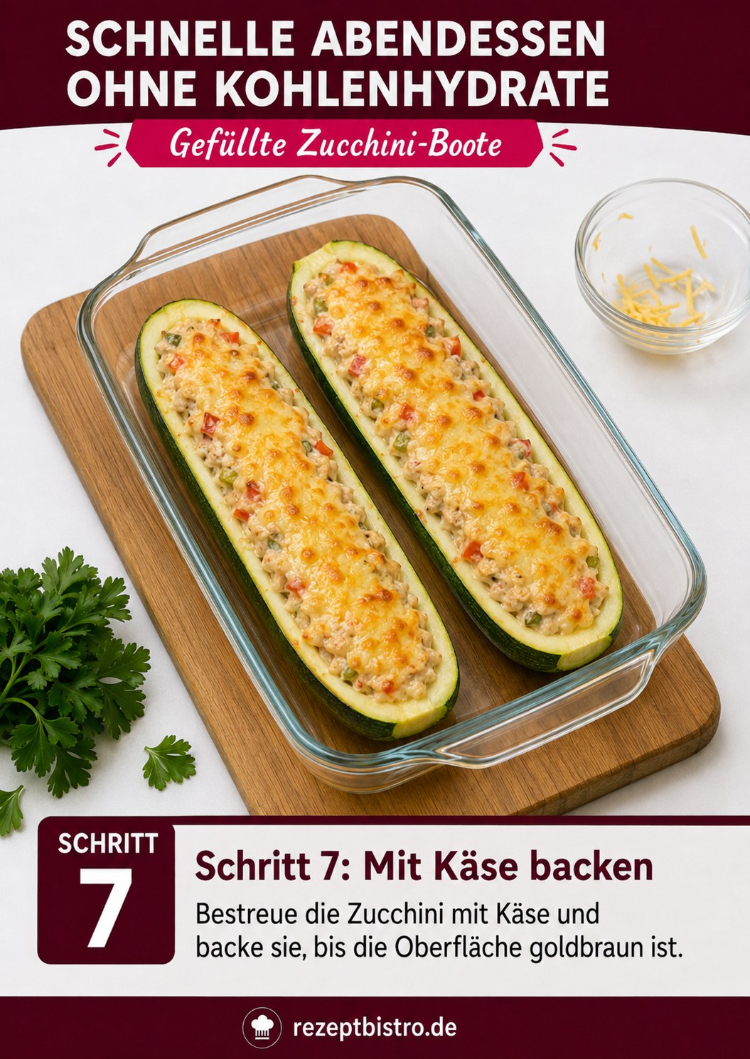 Mit Käse überbackene Zucchini-Boote goldbraun aus dem Ofen als kohlenhydratarmes Abendessen
