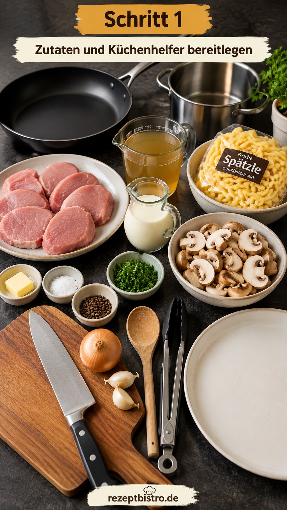 Zutaten für schnelle Gerichte unter 30 Minuten: Medaillons, Champignons und frische Spätzle bereitgestellt