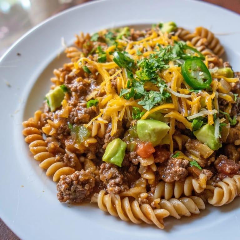 Angerichtete Taco Pasta mit Toppings