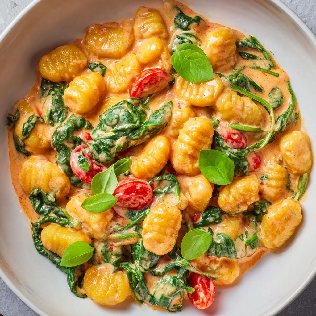Angerichtete Gnocchi Spinat Tomaten Sahnesauce