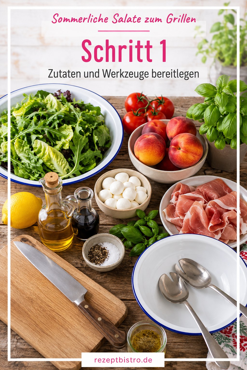 Zutaten für sommerliche Salate zum Grillen: Pfirsiche, Tomaten, Mozzarella und Rohschinken bereit