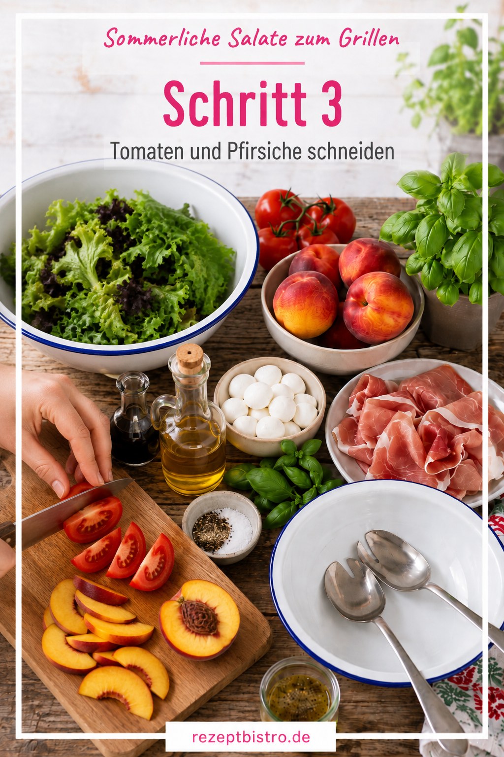 Tomaten und Pfirsiche werden für den sommerlichen Salat in Spalten geschnitten
