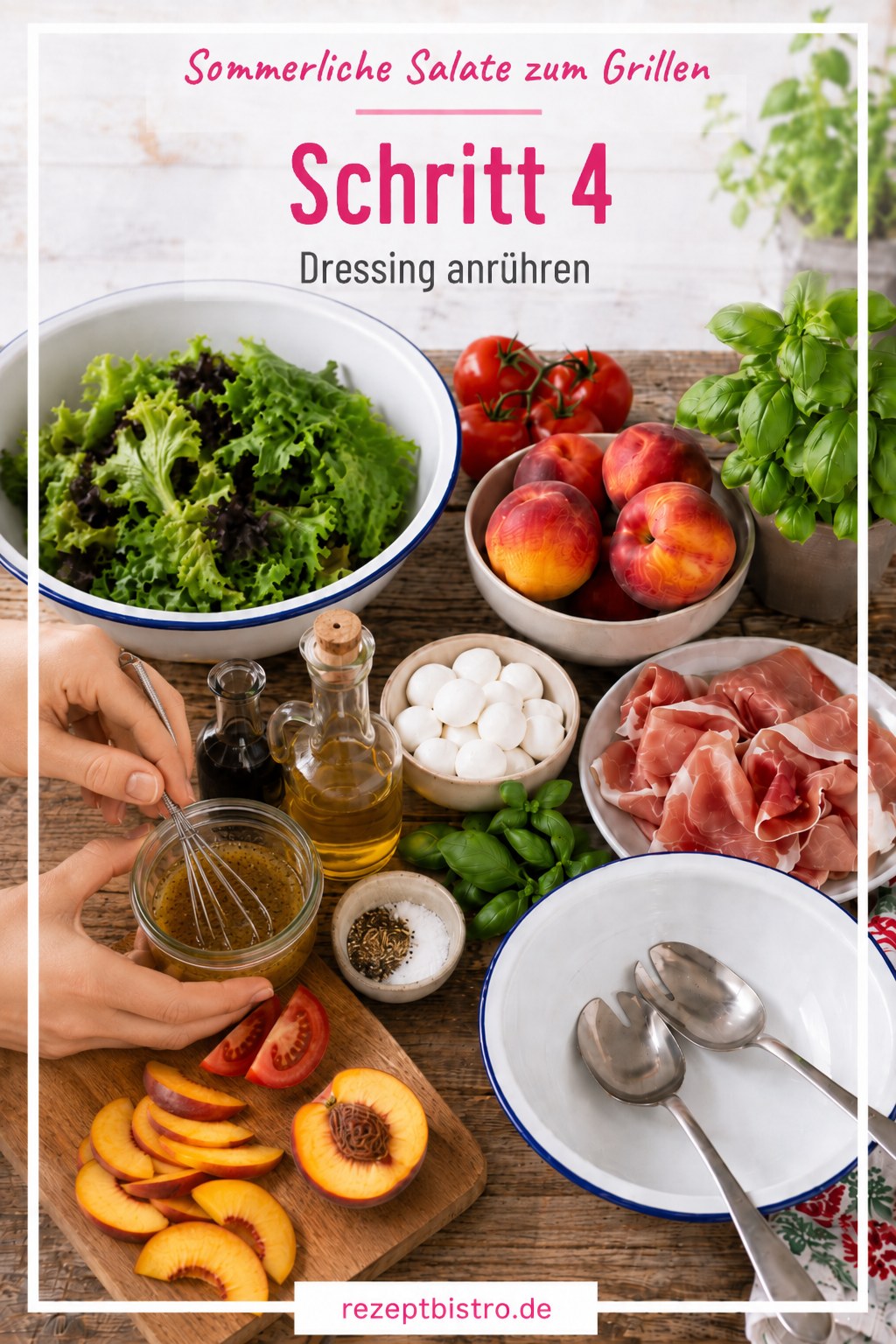 Dressing aus Olivenöl und Balsamico wird für die sommerlichen Salate zum Grillen angerührt