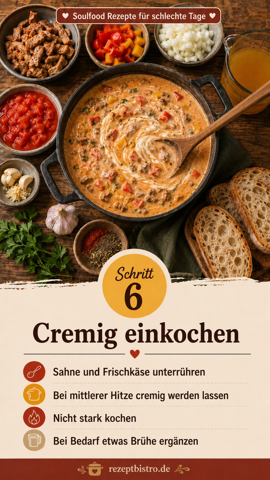 Sahne und Frischkäse werden zu einer cremigen Soulfood Suppe für schlechte Tage eingerührt