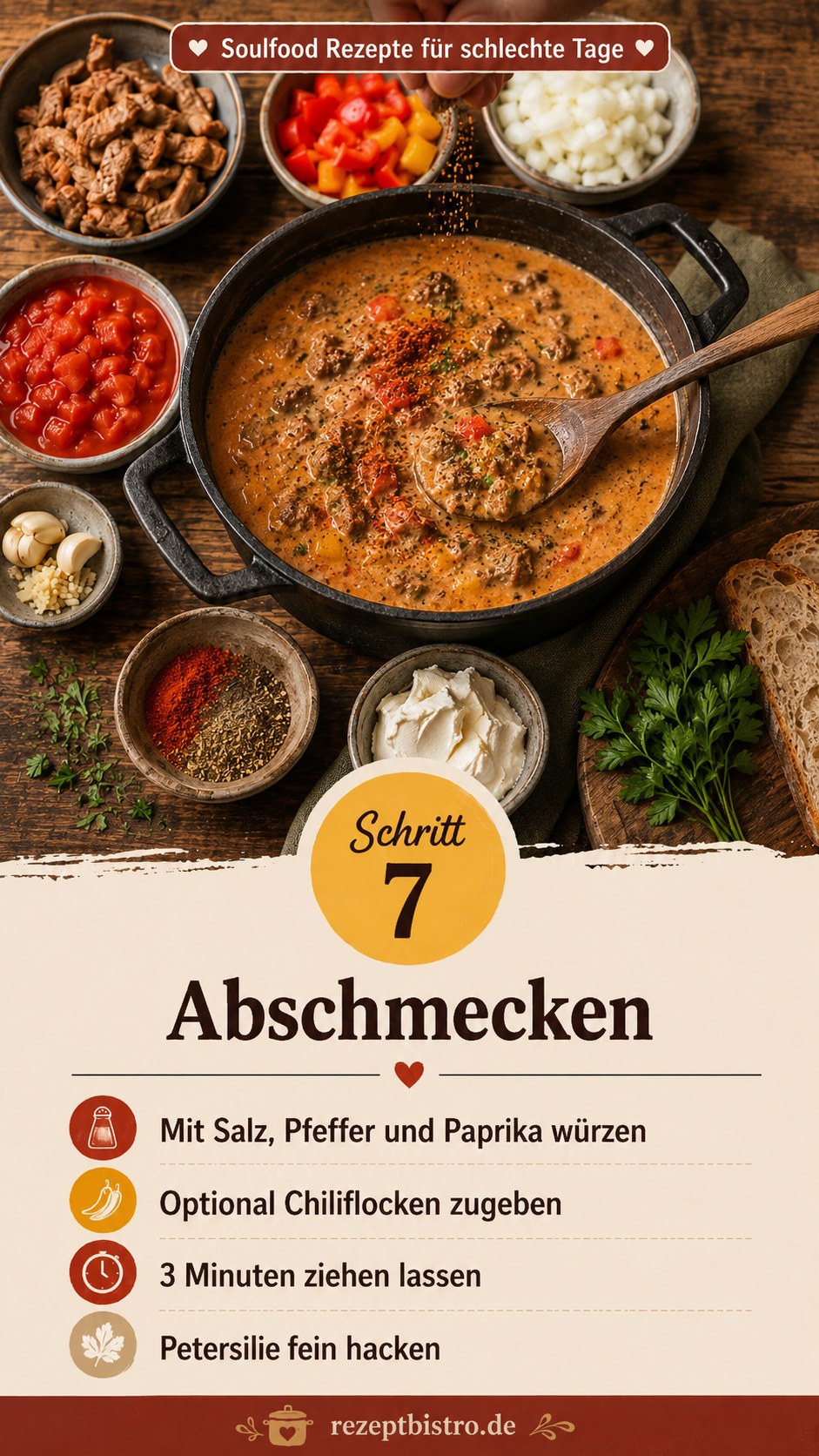 Fertig gewürzte Soulfood Suppe mit Paprika und Petersilie kurz vor dem Servieren